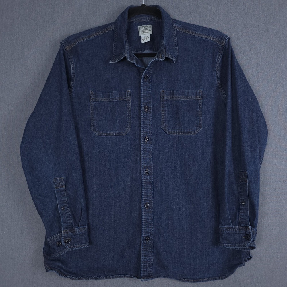 LL Bean BeanFlex Denim Shirt Mens XL Blue Stretch Button Up Workwear 514766